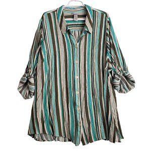 Catherines Button-Up Top Womens 3X 3/4 Roll-Tab Sleeve Blue Green White Casual